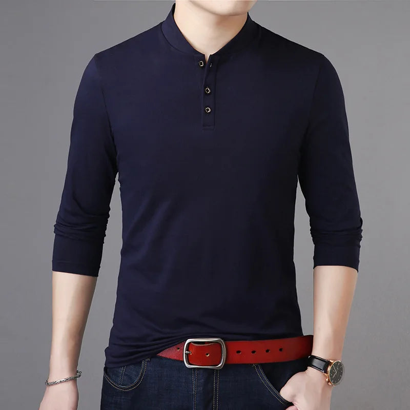 saferido New Spring Autumn Casual Men T Shirt Cotton Long Sleeve Stand Collar Tops Tees Mens Slim Fit Solid Color Tshirt Men Clothing