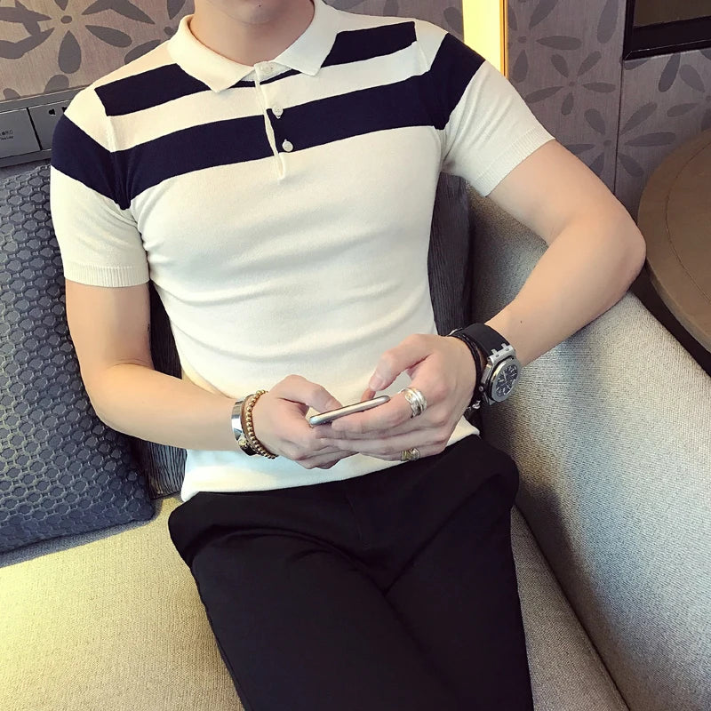 saferido Social Knitting Slim Polo British Style Stripes POLO Shirt Men Summer Short Sleeve Men's POLO Slim Fit Casual Polo Homme