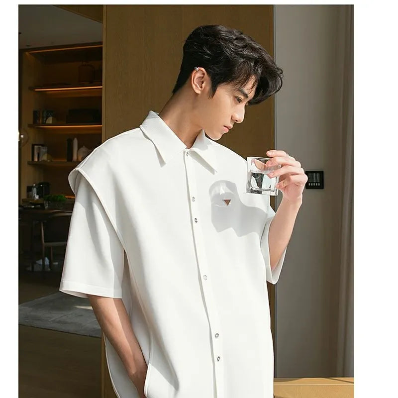 Young Style Solid Shirts Man Premium Temperament Button Short Sleeve Turn-down Collar Loose Office Handsome Men's Clothing