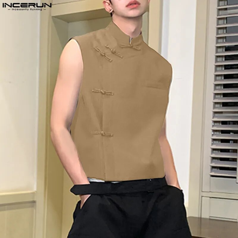 Men Shirt Solid Stand Collar Sleeveless Vintage Chinese Style Knot Button Men Clothing Summer Casual Vests S-5XL