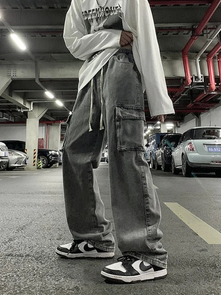 saferido Unisex Workwear Jeans Men Hip Hop Streetwear Denim Pants Spring Autumn Chic Hong Kong Style Wide Leg Straight Trousers