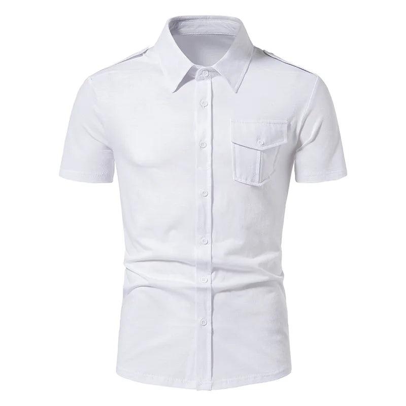 New High Quality Men Solid Color Shirts Summer Short Sleeve Casual Shirt Cotton Slim Fit Chemise Homme Men Clothing S-XXL