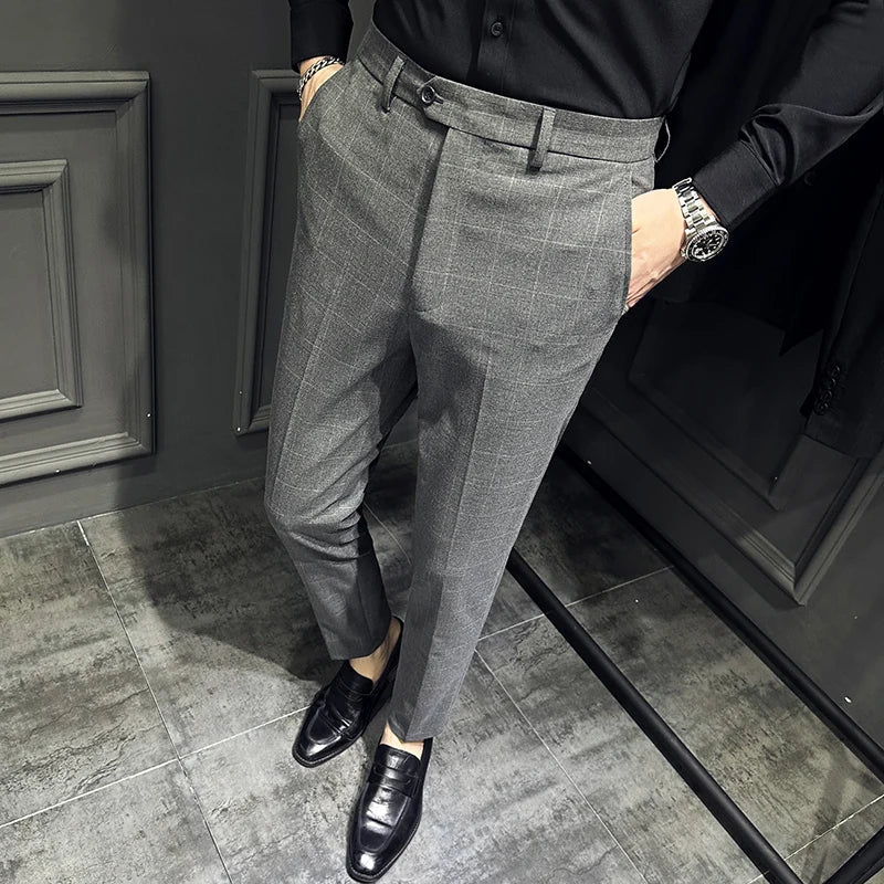 saferido Men Slim British Style Suits Pants Business Casual Trousers Male Solid Fit Trousers High Quality Man Formal Wear Plaid 36 38