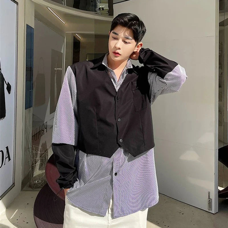 saferido Spring and Autumn New Men's Patchwork Fashion Casual Long-Sleeve Striped Blouse Tops Loose High Quality Design Shirts T60