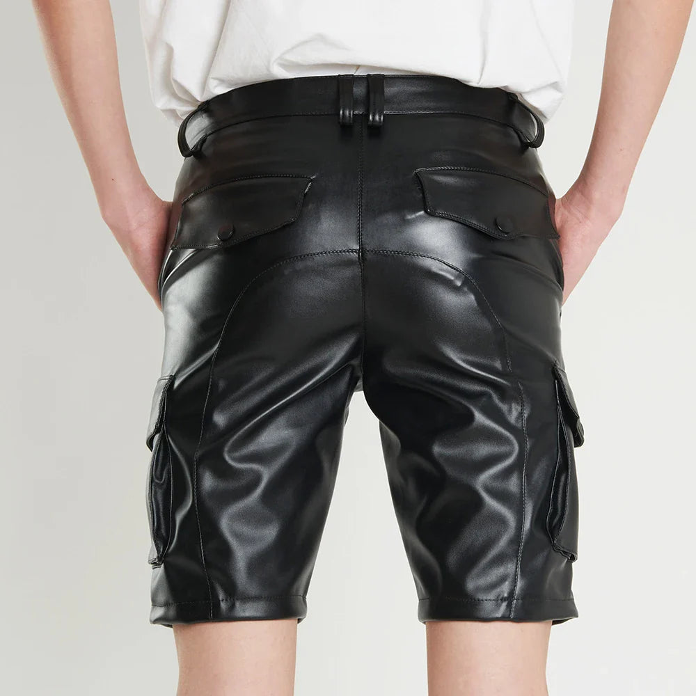 saferido New Solid PU Leather Pants Casual Men's Short Leather Pants Summer Fashion Club Punk Rock Shorts for Men Street LGBT Clothing