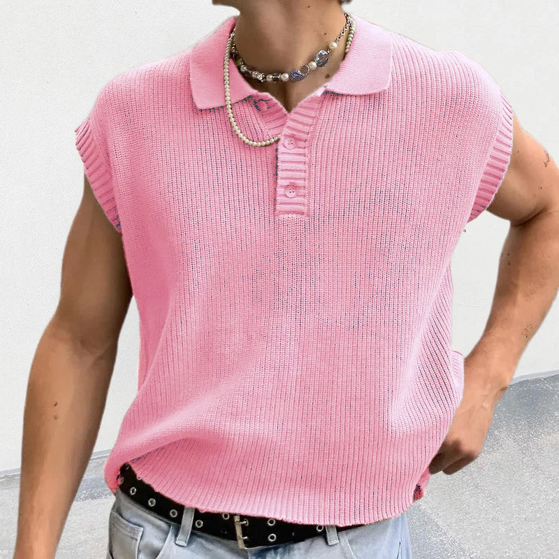 Solid Knitting Tops Men Sleeveless Buttoned Turn-down Collar Knit Vest Shirts Spring Summer Men's Clothing Fashion