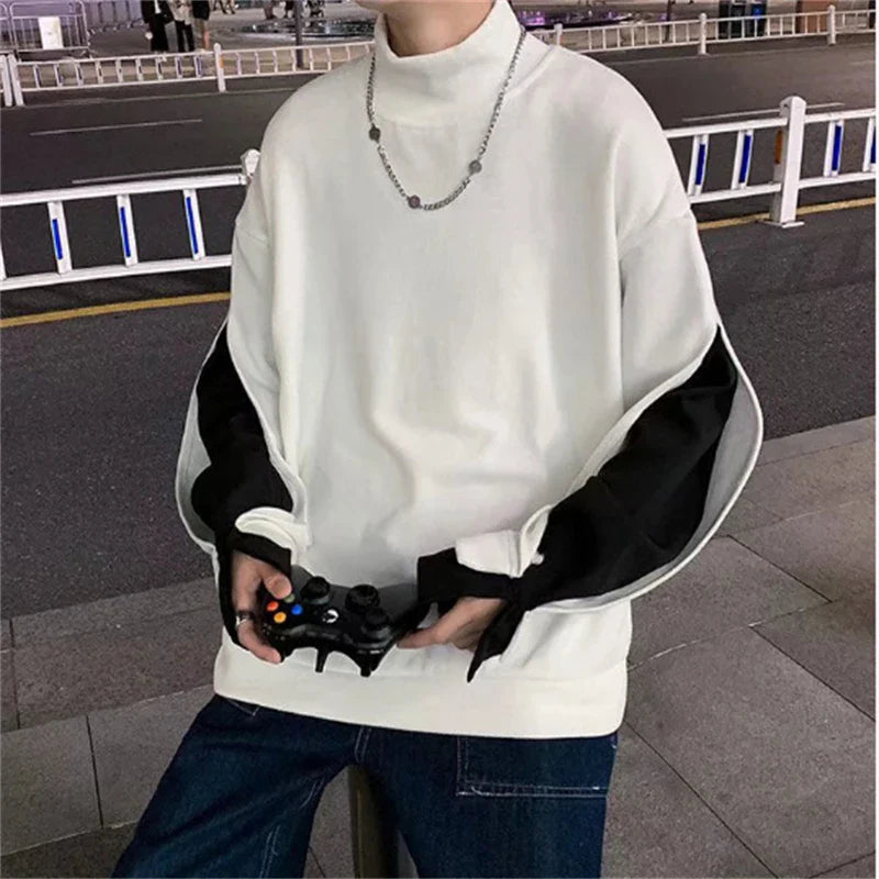 saferido Men's High Collar Sweatshirt Patchwork Pullover Long Sleeve Spring Autumn Tops Loose Sweatshirts