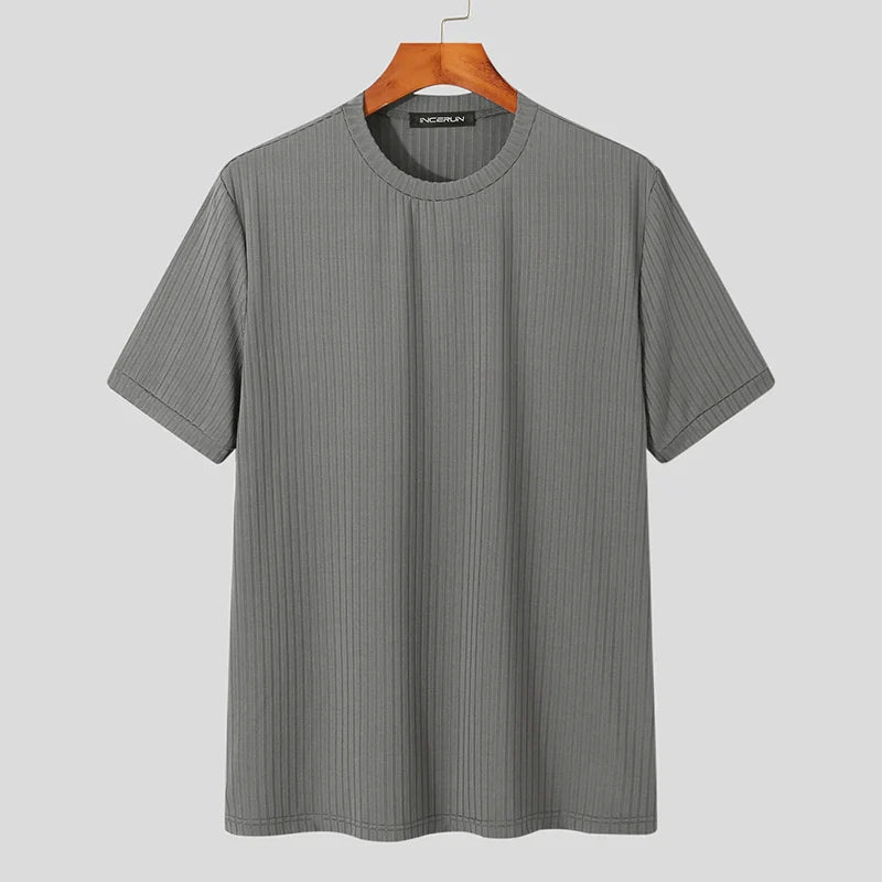Tops Korean Style New Men's Round Neck Design Niche Camiseta Casual Male Striped Solid Short-sleeved T-shirts S-5XL