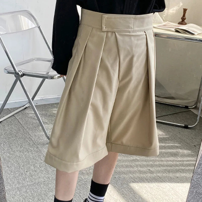 saferido New Niche Design Pasted High Waist Khaki Causal Wide Leg Shorts Summer Korean Trend Men's Knee Length Pants