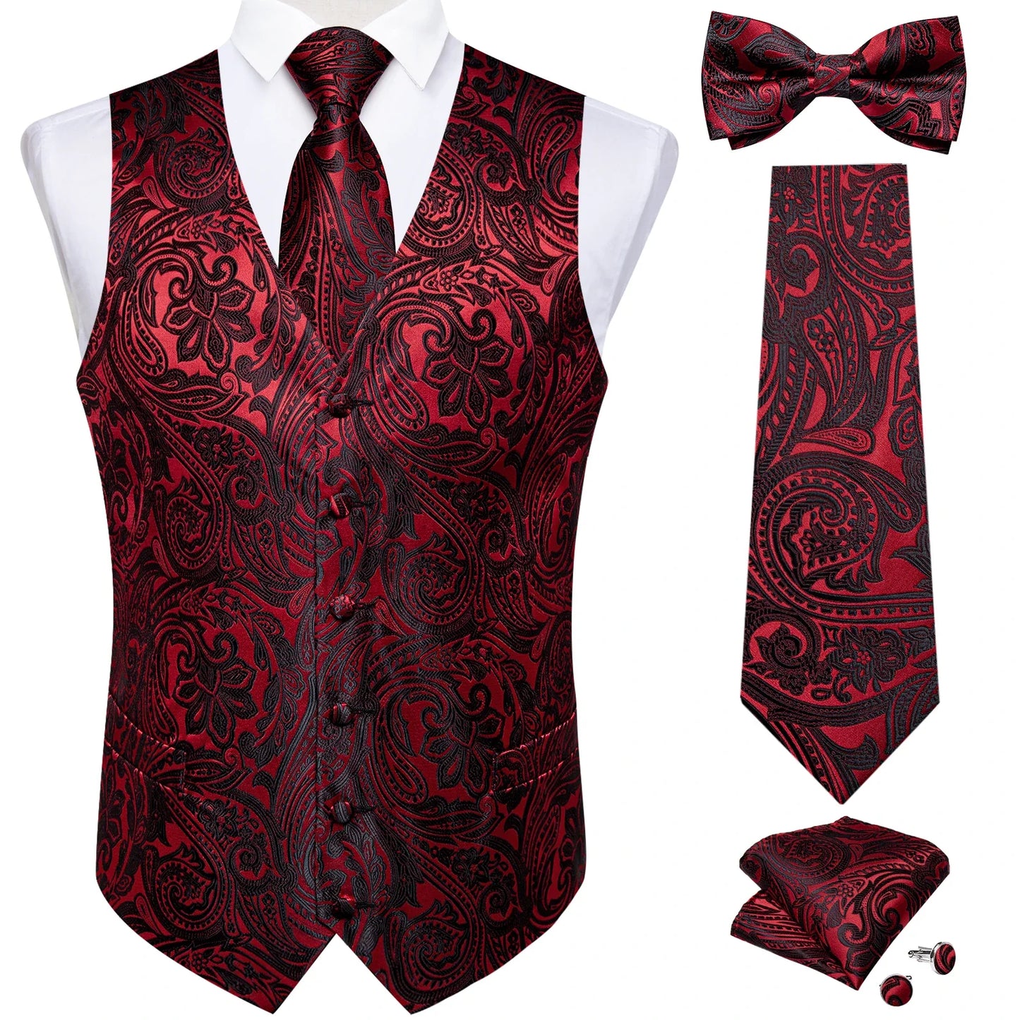 Men Black Paisley Vest Necktie Bowtie Pocket Square Cufflinks Dress Set Classic 5 PCS Business Waistcoat for Man