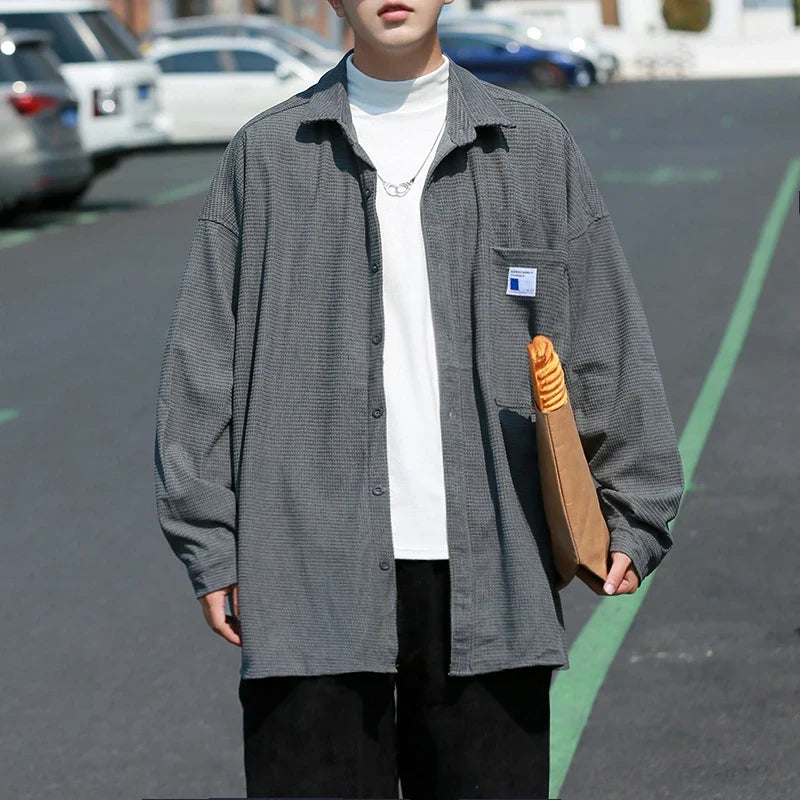 saferido Blue Minimalist Shirts For Men Korean Style Solid Long Sleeve Turn Down Collar Shirt Comfortable Blouses Casual Plus Size