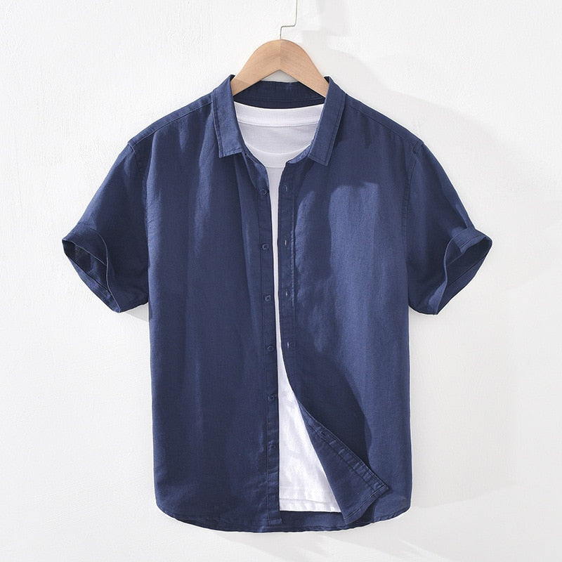 Cotton Linen Shirts For Men Casual Short Sleeve Tops Oversize Solid White Turn-Down Collar Tee Male Summer Vacation Clothing