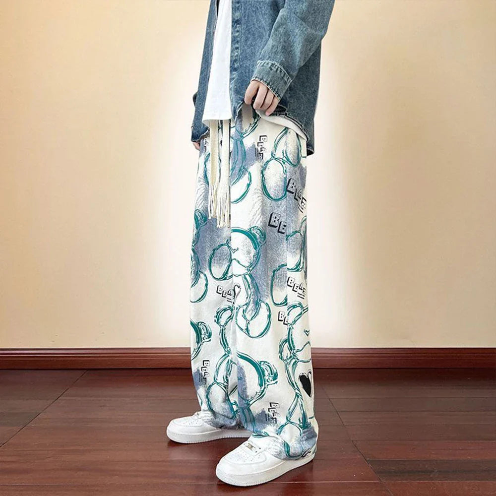 saferido American High Street Casual Pants Men's Tie-dye Bear Graffiti Casual Loose Wide-leg Pants Trendy Brand Niche Mopping Trousers