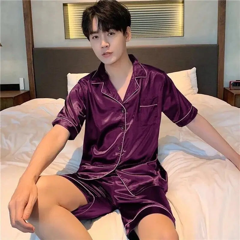 Men Pajama Sets Ice Silk Satin Short Sleeve Shirt+Shorts 2Pcs Suit Summer Thin Sleepwear Solid Color Male Casual Home Clothes