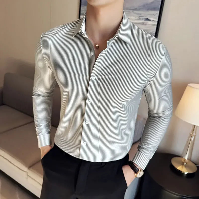 High Elasticity Men Stripe Shirt Spring British Style Anti-wrinkle High-EndSoft Solid Casual Slim Fit Long Sleeved Shirt