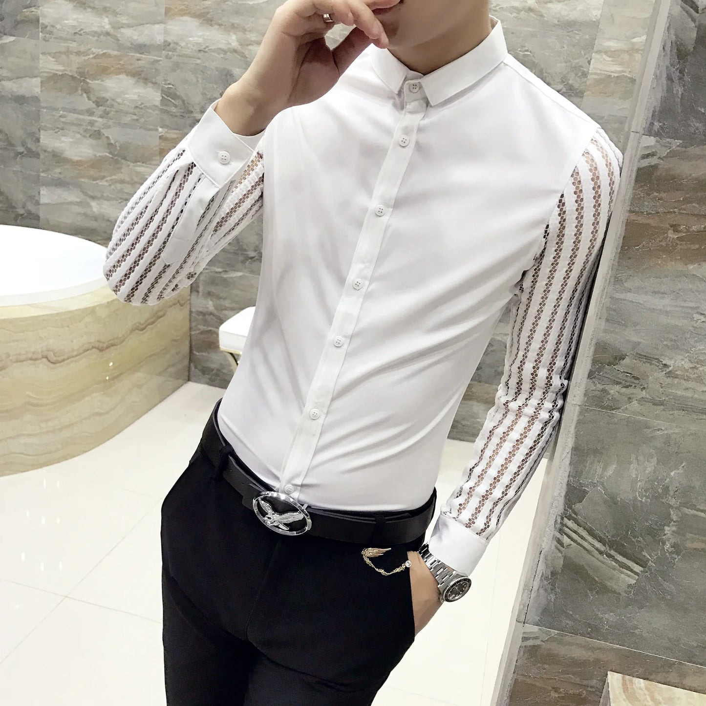 saferido Male Spring Hollow Out Shirt with Long Sleeves/Men's Slim Fit Lapel Business Shirt Brand Clothing Leisure Tops S-3XL