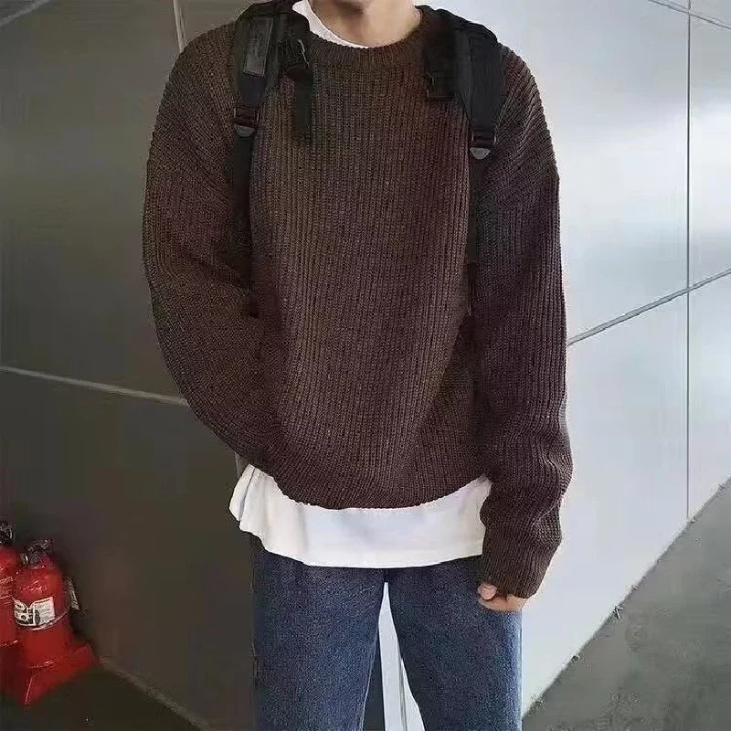 Solid Striped Sweater for Men Autumn Winter Casual O-neck Long Sleeve Pullovers Male Vintage All-match Knitted Jumpers Chic Tops