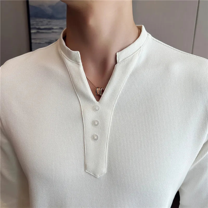 saferido British Style Men's Summer Casual Long Sleeve V-Neck T-Shirts/Male Slim Fit High Quality T-Shirt Tees Plus size S-4XL