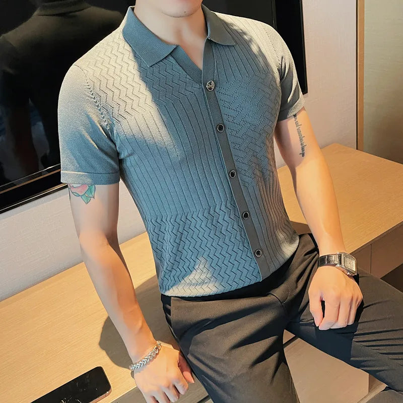 saferido Korean Style Men's Summer Casual Short Sleeves Knitted Polo Shirts/Male Slim Fit Business Fashion Stripe POLO Shirts S-4XL
