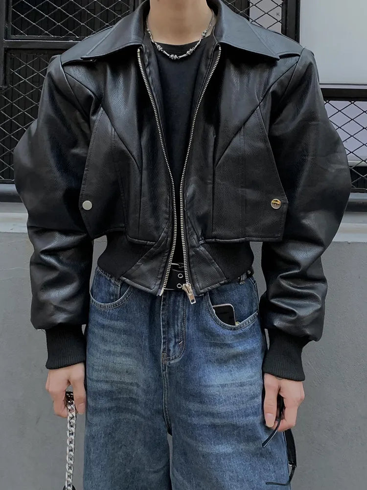 saferido Spring Autumn Cool Waterproof Black Pu Leather Jacket Men Shoulder Pads Long Sleeve Zipper Luxury Designer Clothes