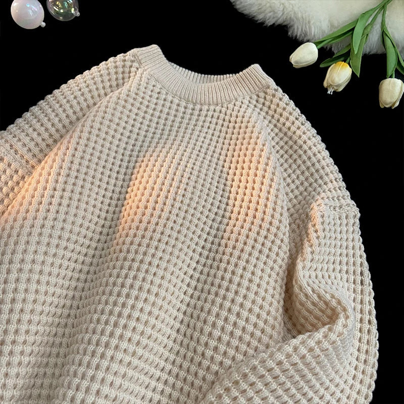 saferido Korean Solid Color Baggy Sweater Men's Knitting Pullovers Crew Neck Pullover Women Harajuku Knitwear Christmas Red Knitted
