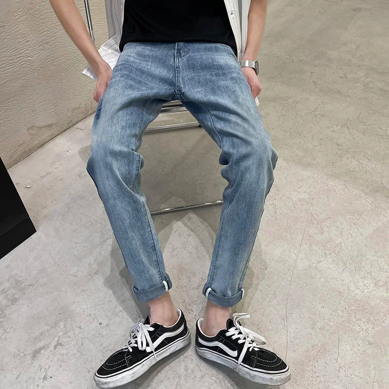 saferido Simple Blue Washed Jeans Men's Casual All-match Fashion Slim Pencil Pants Wear-resistant Spring Summer Stretch Denim Pants Thin
