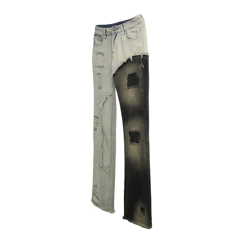 avant-garde and cutting-edge design, heterochromatic stitching, tattered beggar pants, with slight ruffled edges, and