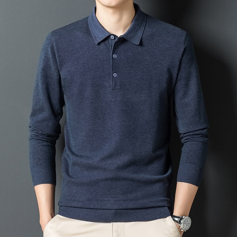 Autumn New Men's Solid Color Lapel Wool Sweater Classic Style Business Long Sleeve Thin Knit Sweater Male Brand Clothes