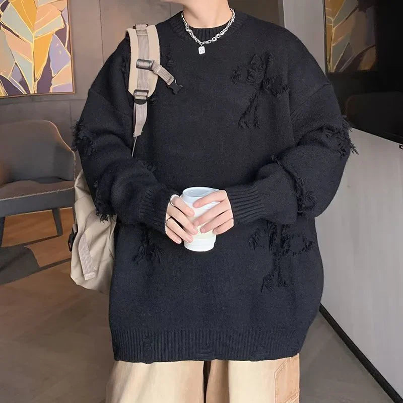 Solid Long Sleeve Hole Knitted Sweater Men Tassels O-neck Hooded Streetwear Man Autumn Winter Fashion New Men's Clothing
