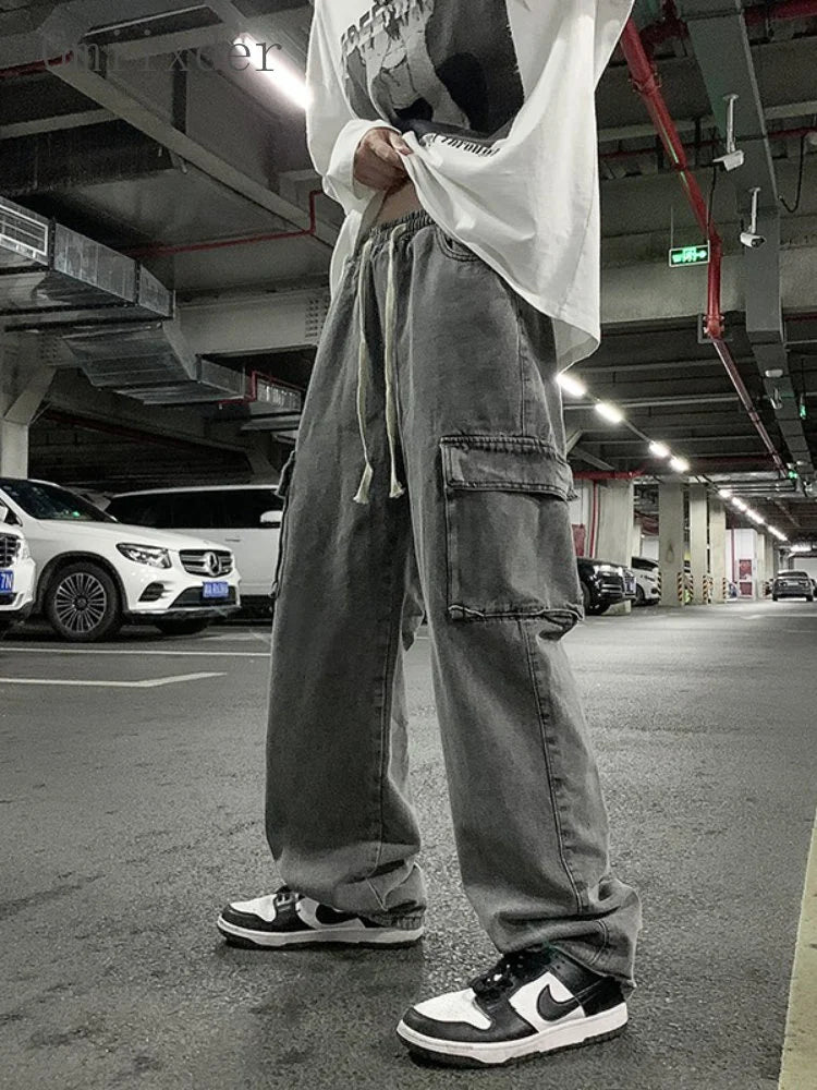 saferido Unisex Workwear Jeans Men Hip Hop Streetwear Denim Pants Spring Autumn Chic Hong Kong Style Wide Leg Straight Trousers