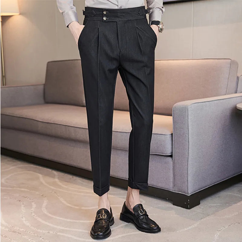 saferido Men Spring Summer Belt Decoration Casual Ankle Length Pants Fashion Slim Fit Suit Pants Streetwear Social Business Trousers