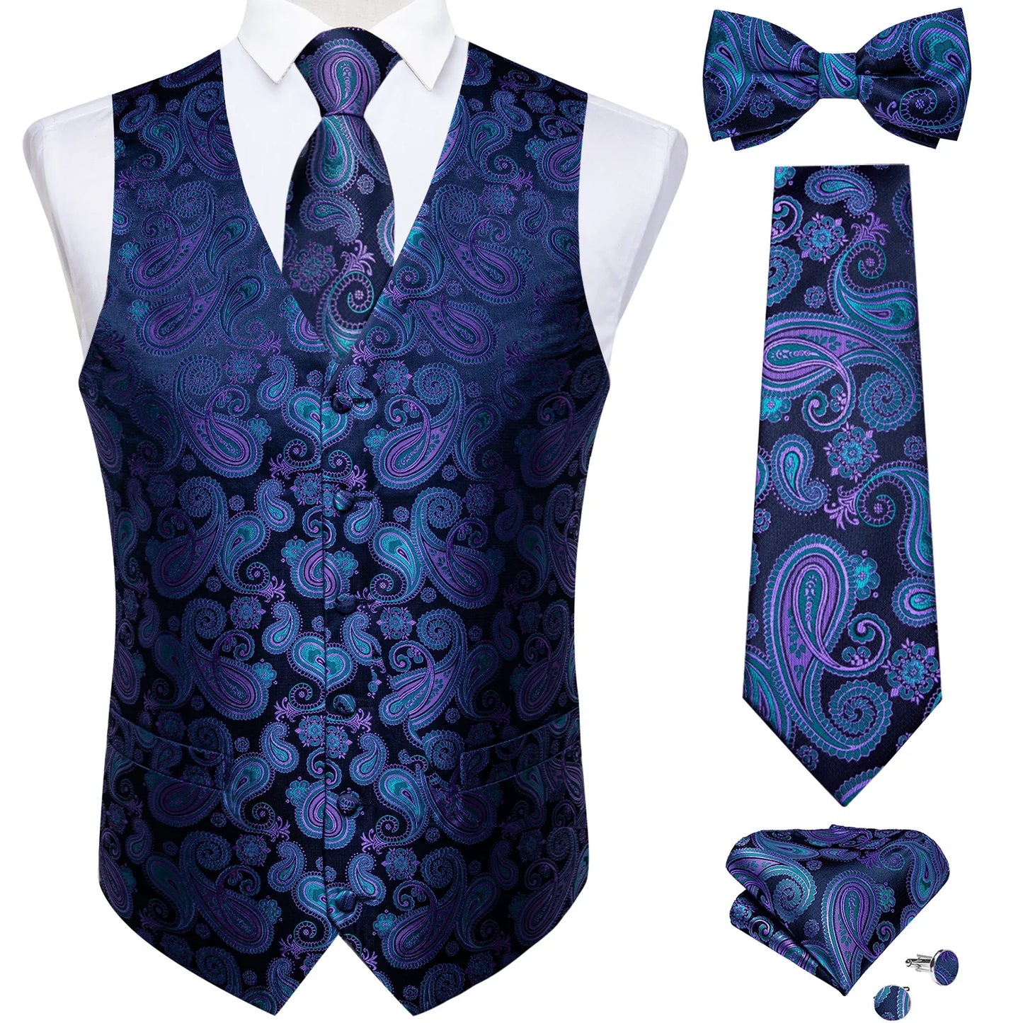 Men Black Paisley Vest Necktie Bowtie Pocket Square Cufflinks Dress Set Classic 5 PCS Business Waistcoat for Man