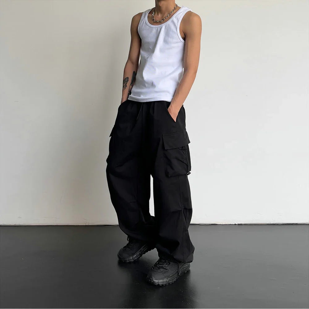 saferido Spring Summer Fashion Casual Pans For Men Streetwear Solid Color Cargo Pants Elastic Waist Wide Leg Men's Joggers