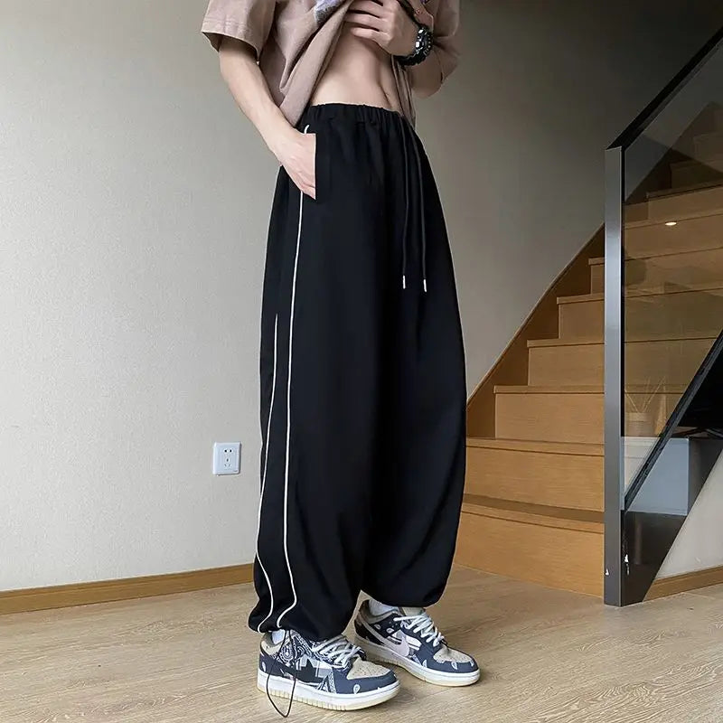saferido American Hip-hop Loose Sports Pants Men's Autumn Solid Patchwork Elastic Waist Drawstring Pocket Side Striped Straight Trouser
