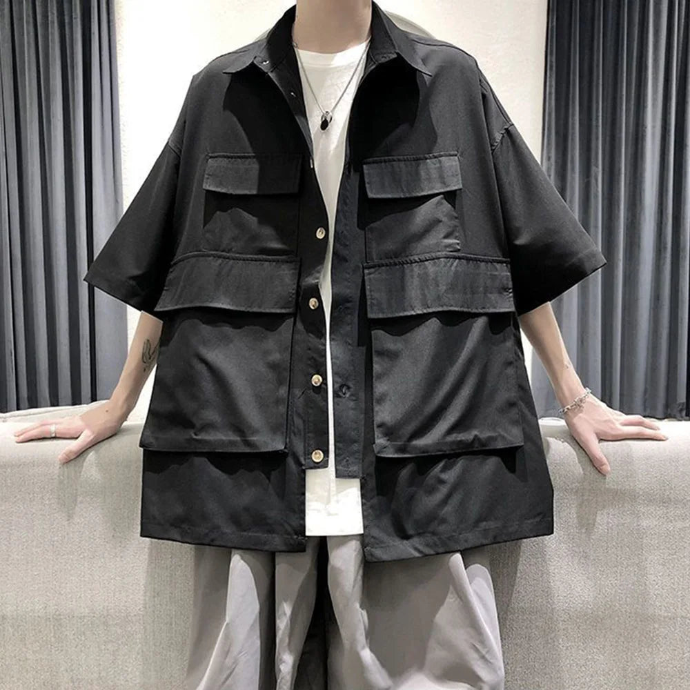 saferido Mens Big Pocket Workwear Short-Sleeve Shirt Streetwear Fashion Youth Trendy Solid Color Versatile Tops Men'S Clothing Spring New