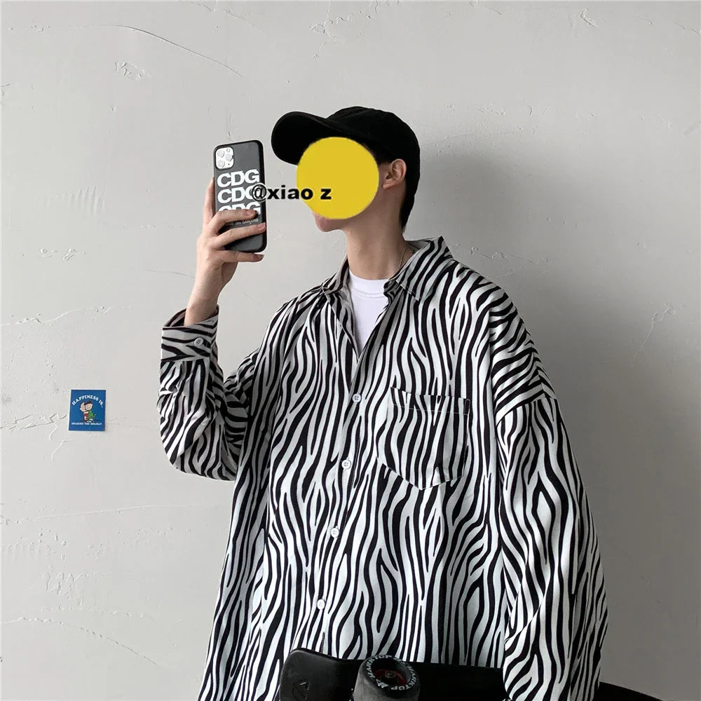 saferido Men's Classic Black and White Striped Shirt Japanese Loose Casual Large Size Couple's Model Lapel Tops Street Trendy Clothing