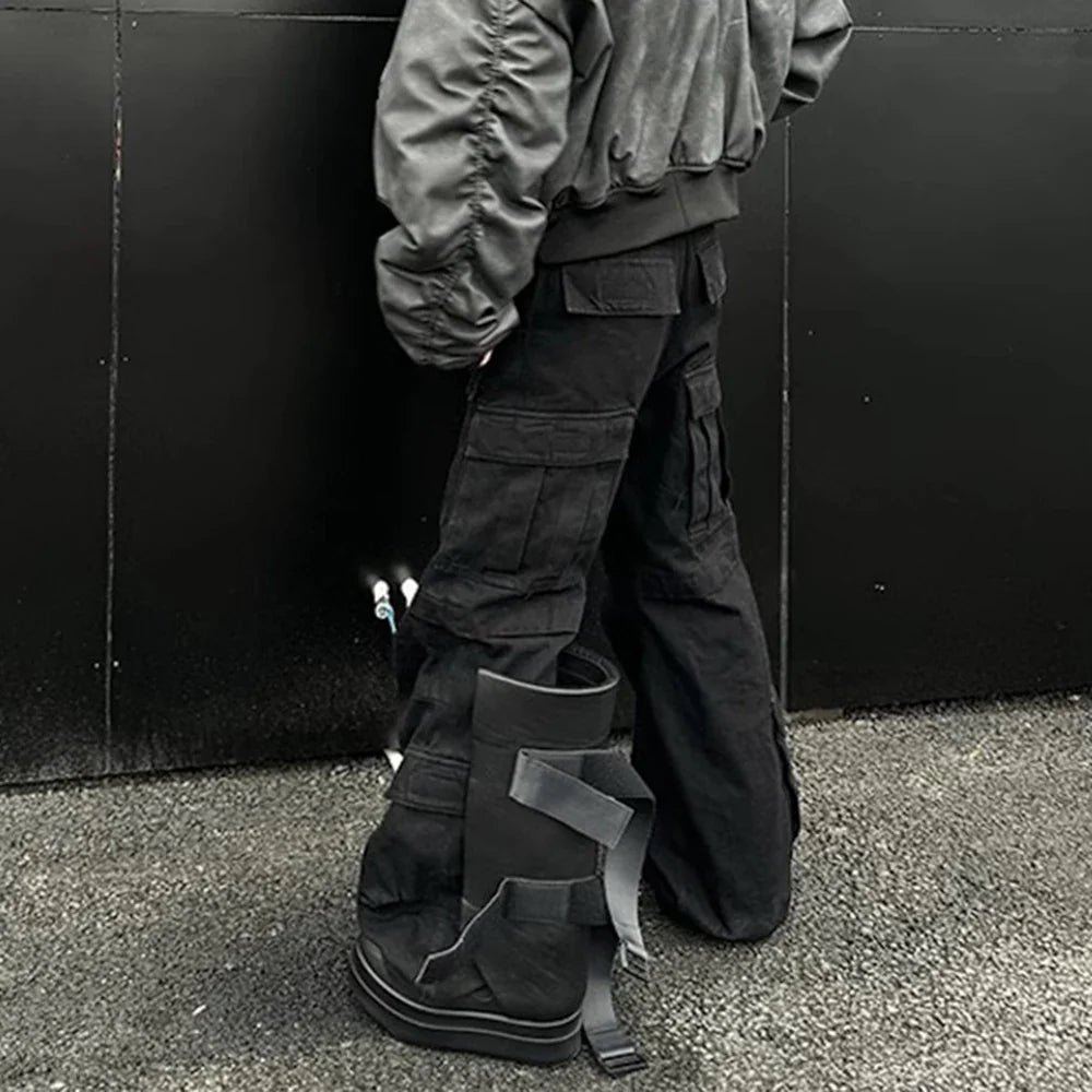 saferido High Street Multi-pockets Washed Black Cargo Pants Mens Straight Pleated Casual Baggy Overalls Oversized Loose Casual Trousers