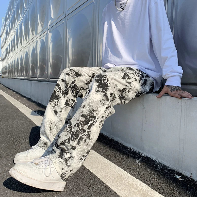 saferido Mens Fashion Printed jeans Spring Mopping Trousers Jeans Korean Style High Street Loose Hip Hop Wide-leg Jean Pants