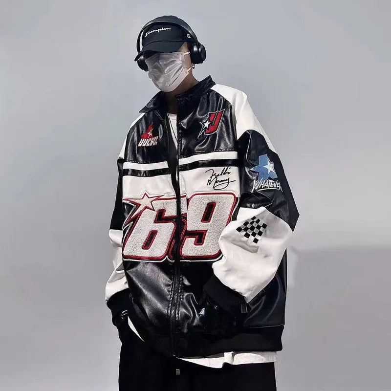 Hip Hop American PU Leather Jacket Men Patchwork Letter Embroidery Motorcycle Biker Coats Unisex Bomber Jacket Flocking Clothes