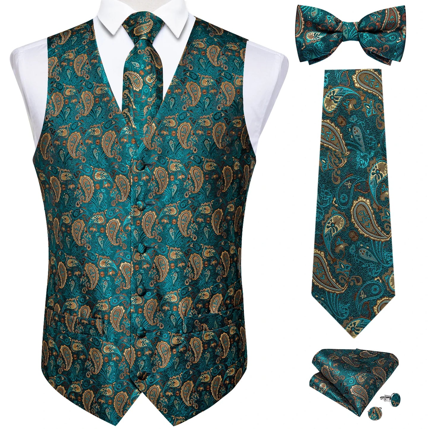 Men Black Paisley Vest Necktie Bowtie Pocket Square Cufflinks Dress Set Classic 5 PCS Business Waistcoat for Man
