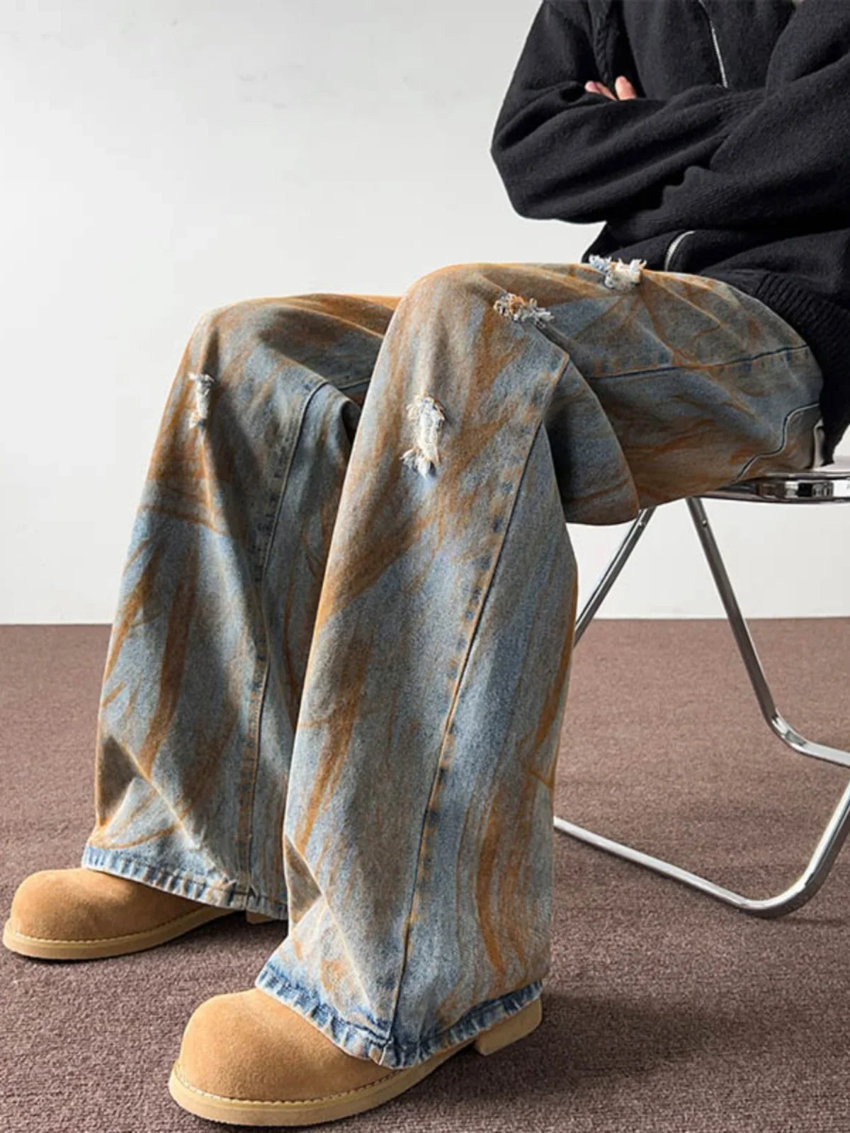 saferido Spring and Autumn Tie Dyed Distressed Jeans, Men's Straight Leg American Trendy Brand Ruffian Handsome Casual Hip-hop High