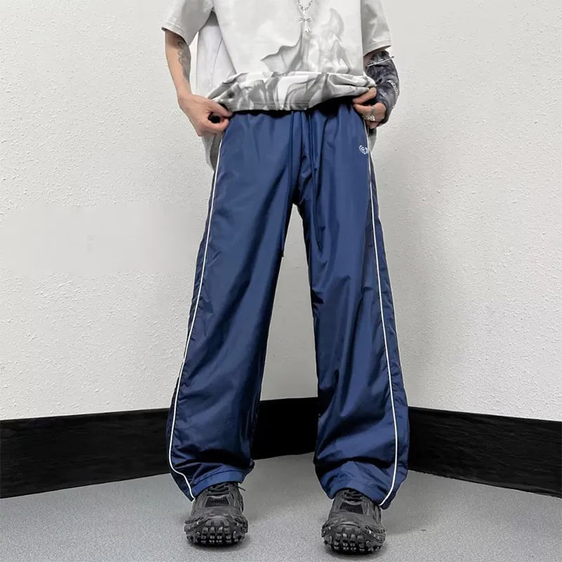 saferido KPOP Fashion Style Harajuku Slim Fit Sweat Pants Loose All Match Casual Pants Stripe Pockets Straight Cylinder Wide Leg Pants