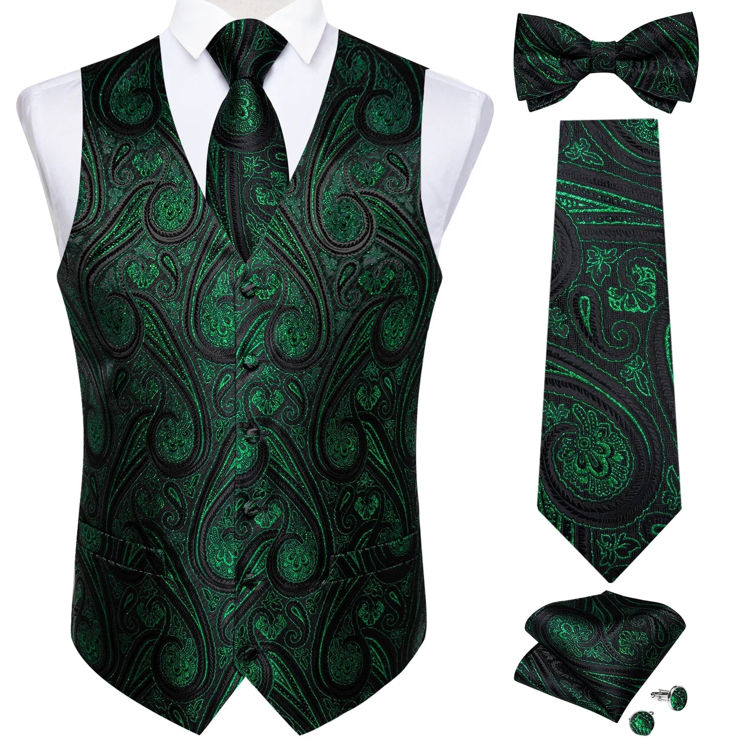 Men Black Paisley Vest Necktie Bowtie Pocket Square Cufflinks Dress Set Classic 5 PCS Business Waistcoat for Man