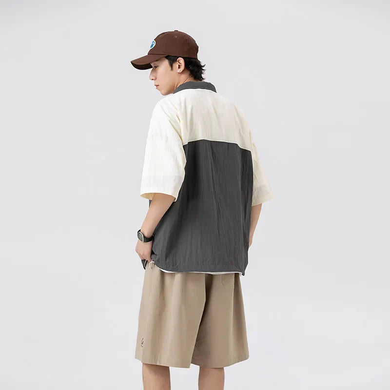 saferido Couple Japanese Shirt Harajuku Oversized Short Sleeve Shirt for Men Women Hawaiian Contrast Stitching Polo Geometric Streetwear