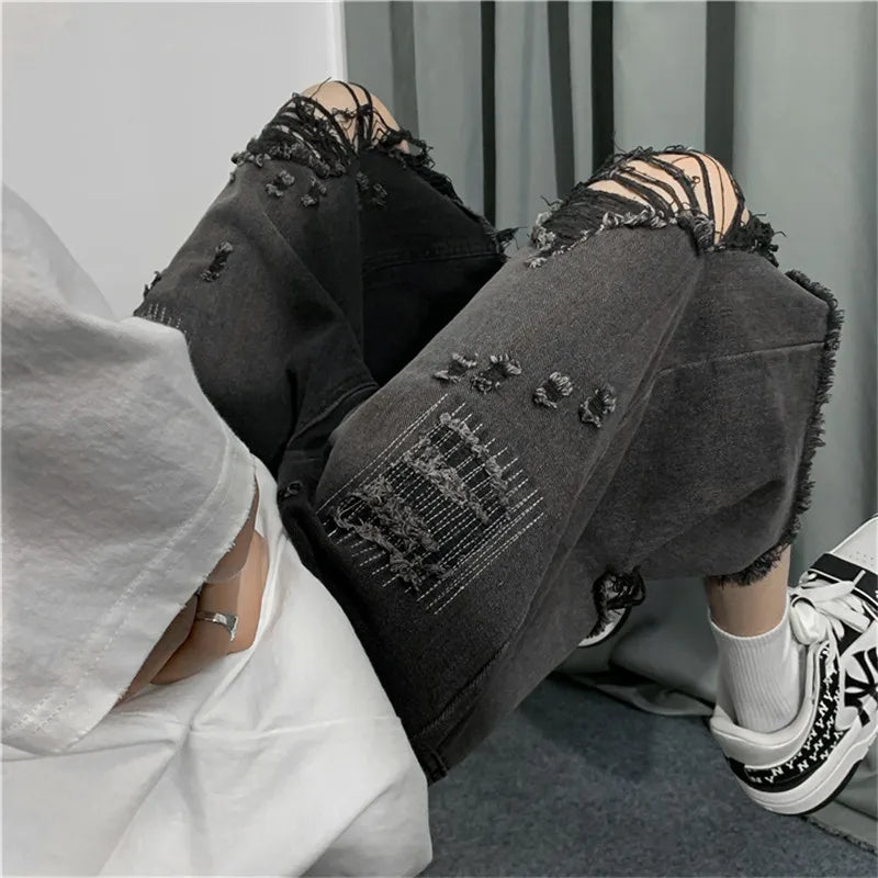 saferido New Style Ripped Denim Shorts Men's Clothing 2024 Summer Five-point Korean Casual Youth Straight Trousers Boutique Clothing