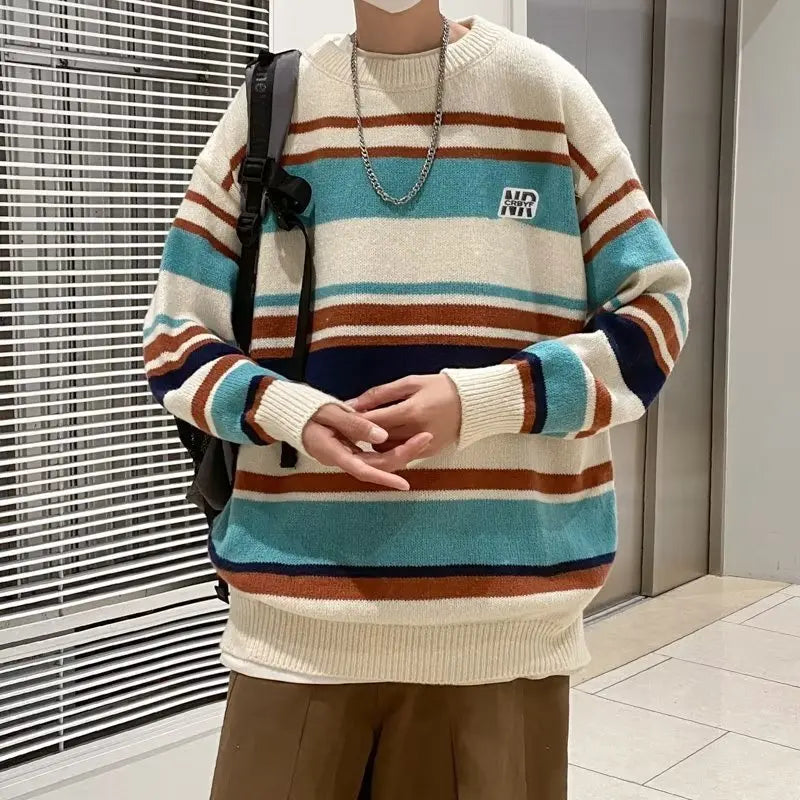 saferido Literature and Art Men's Loose Stripe Round Neck Knitwear Men's Autumn Oversize Lazy Sweater men coat winter clothes sweter