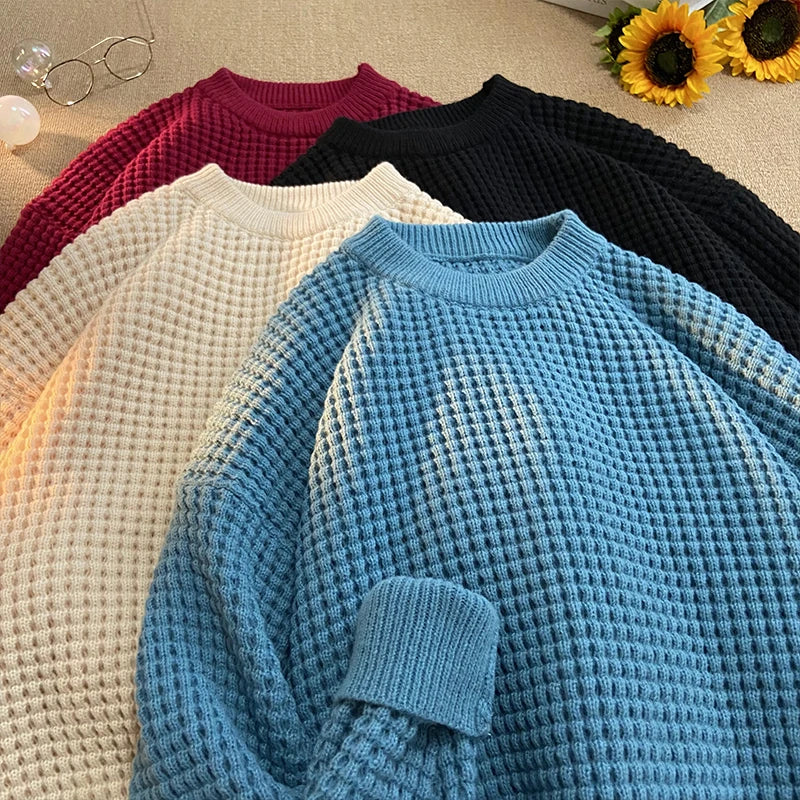 saferido Korean Solid Color Baggy Sweater Men's Knitting Pullovers Crew Neck Pullover Women Harajuku Knitwear Christmas Red Knitted