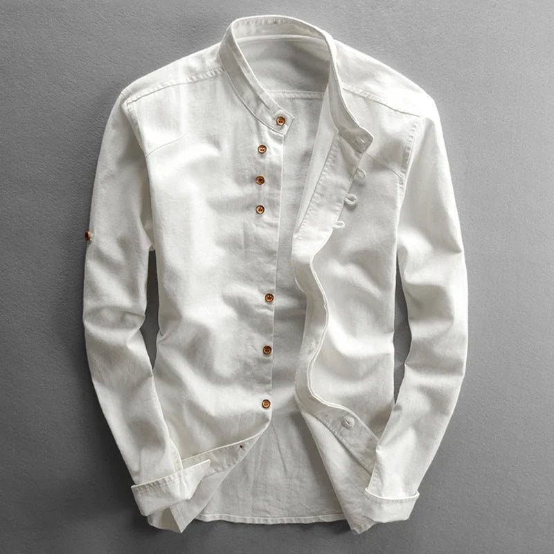 Men Cotton Linen Shirt Formal Retro Chinese Style Long Sleeve Mandarin Collar Casual Shirts Soft Comfort Clothing 7XL