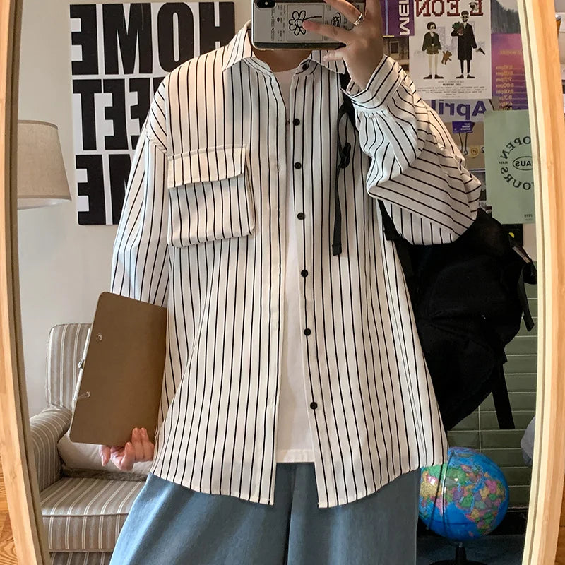 saferido Stripe Long Sleeve Shirt Japanese Streetwear High Quality Shirts Spring Autumn Harajuku Casual Coat Korean Clothes Men Clothing