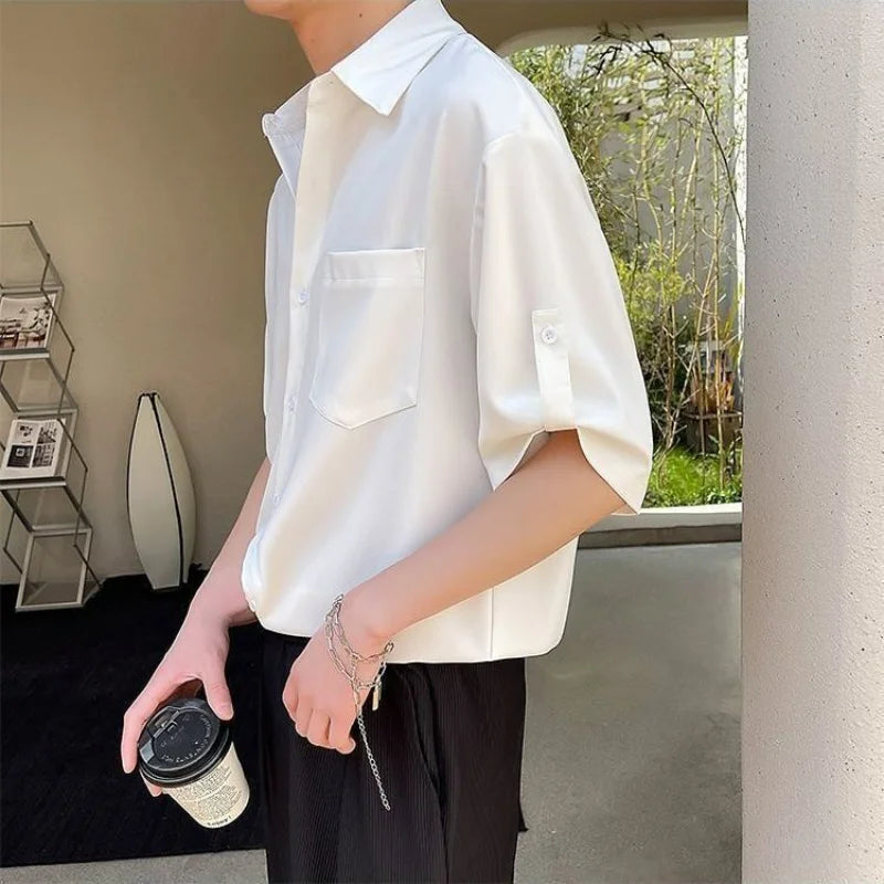 saferido Simple Korean Short Sleeved Men Summer Solid White Shirt Lapel Button Pocket Harajuku Fashion Trendy Loose Casual Thin Male Top